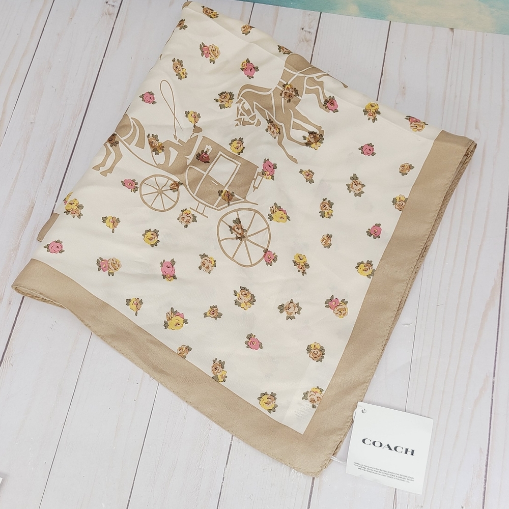 COACH Horse & Carriage Tea Rose Silk Bandana Scarf